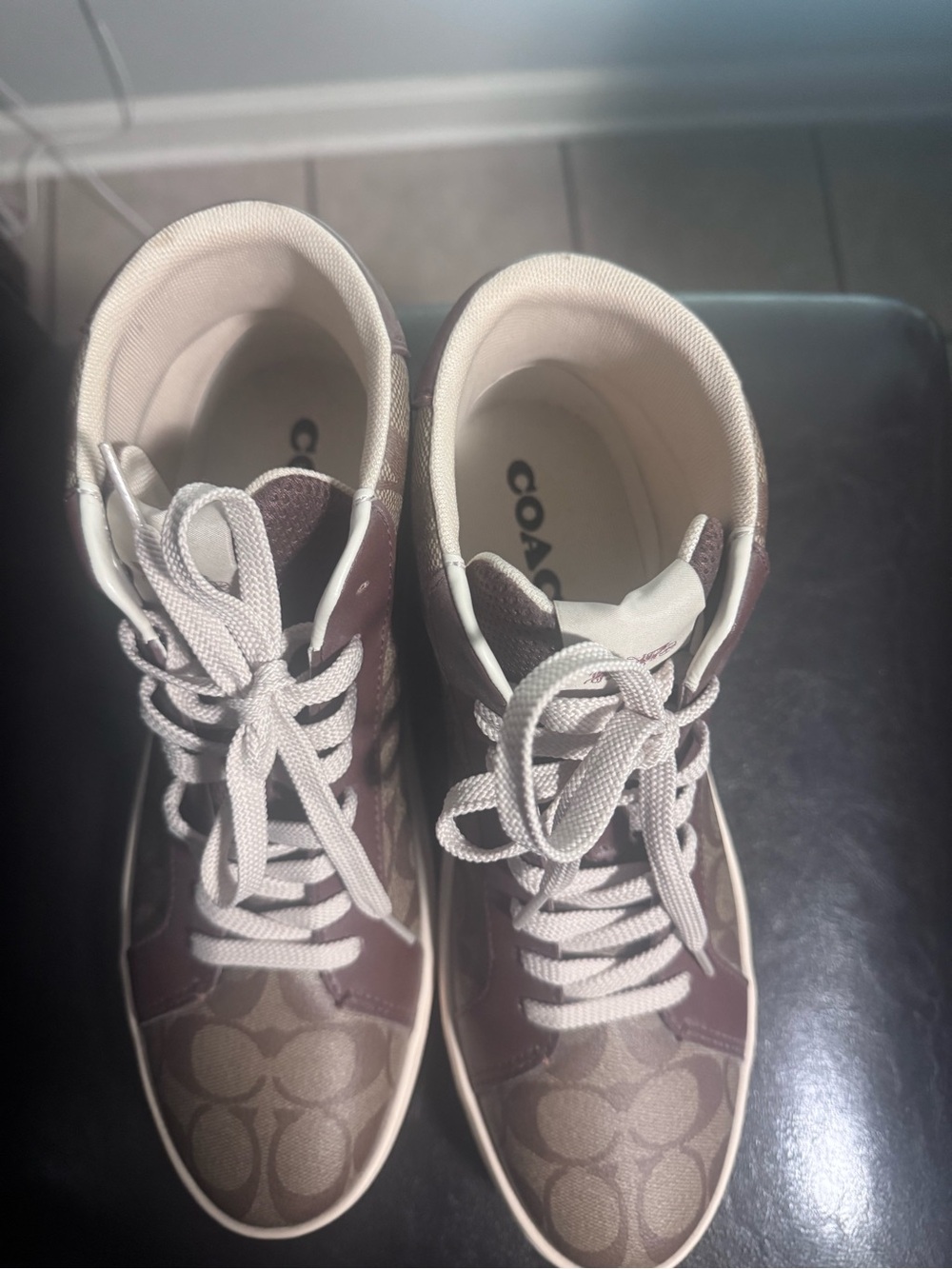 Coach Kids Signature High-Top Sneakers in Brown and Cream